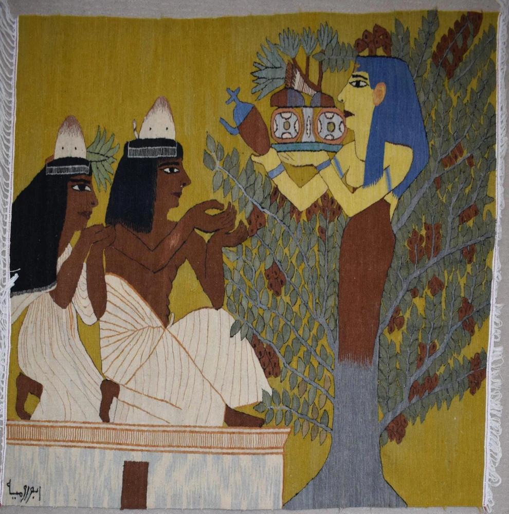 4.9 FT Handwoven Ancient Egyptian Tree Goddess Tapestry -  Kilim Wall Hanging Art