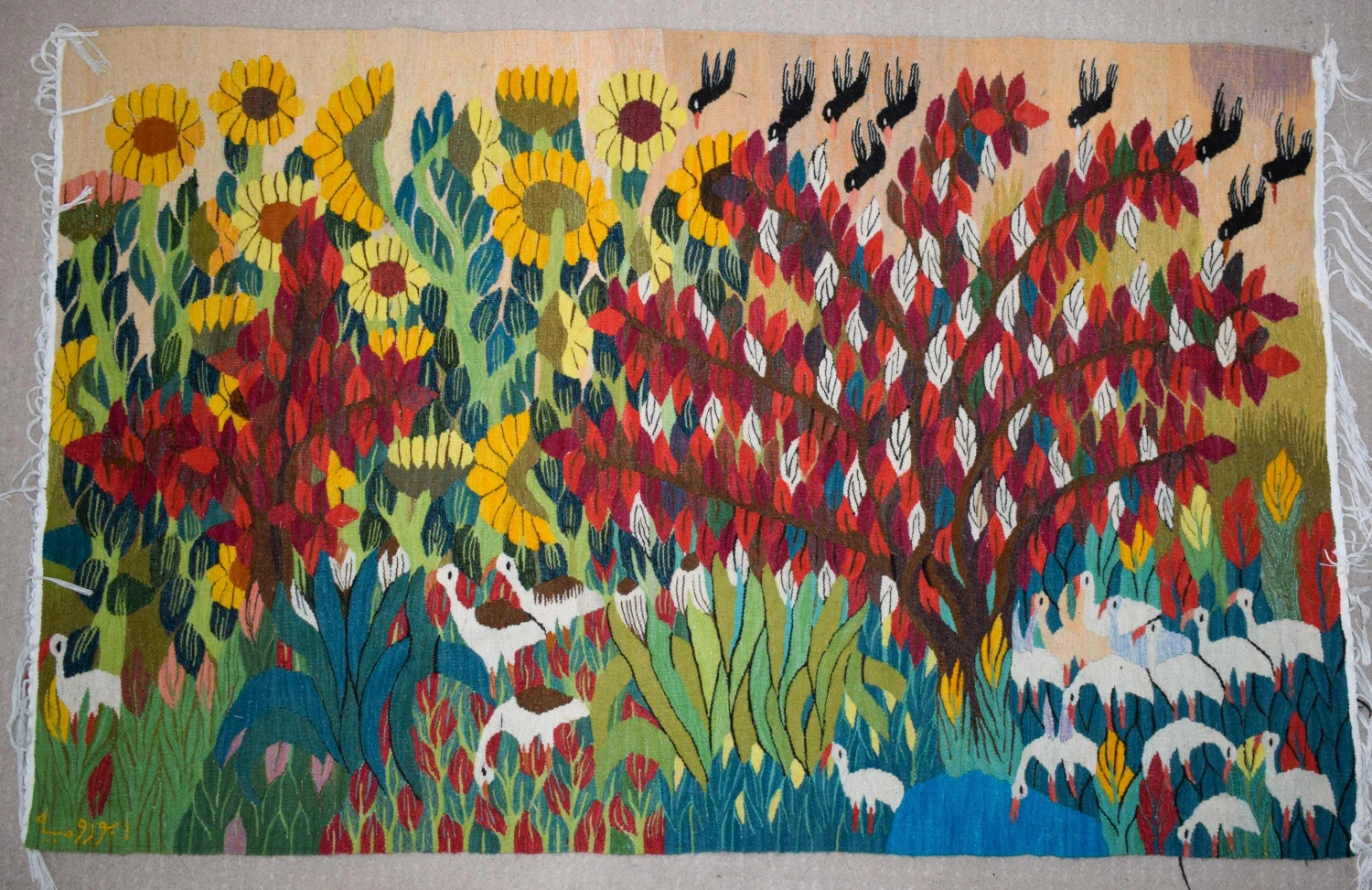 5.2 FT Egyptian Handwoven Wall Hanging - Sunflower & Red Tree Tapestry Kilim