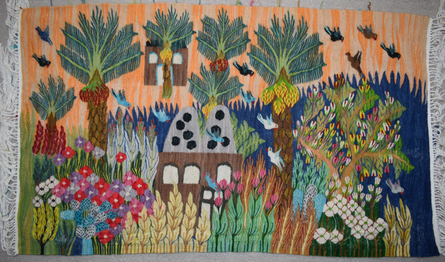 Oasis Village with Date Palms — handwoven Egyptian wool tapestry, 3.7 ft