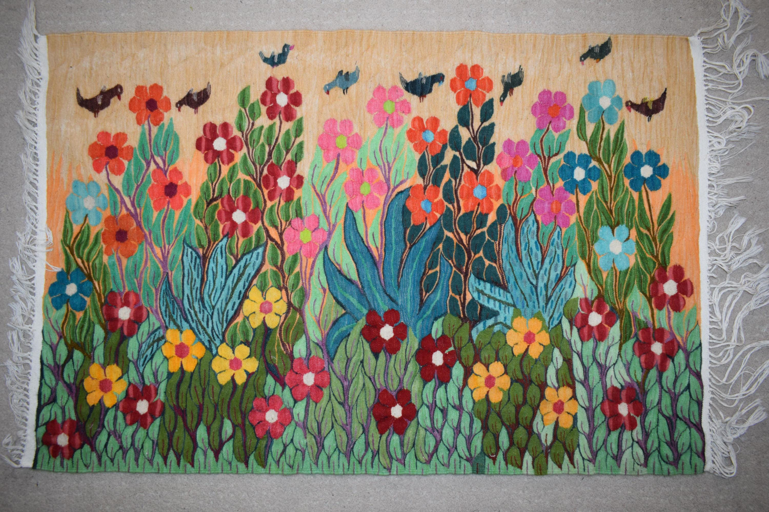 3.6 FT Handwoven Wall Hanging Egyptian Kilim Tapestry Colorful Floral Garden Birds Art