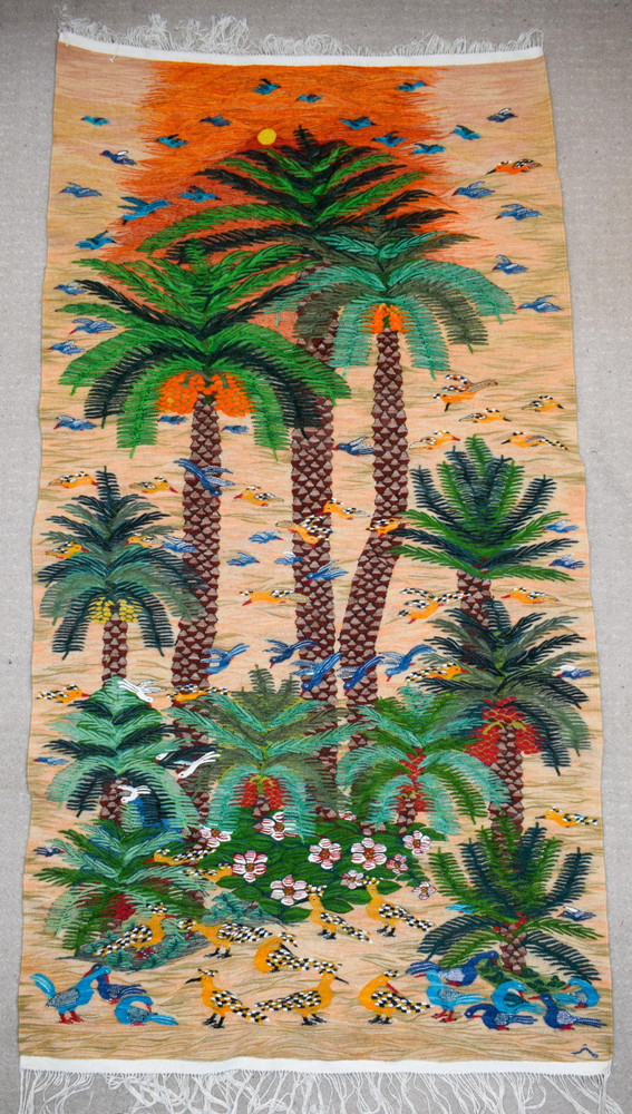 5.7 FT Handwoven Wall Hanging Egyptian Kilim Tapestry Palm Tree Sunset Bird Nature Art