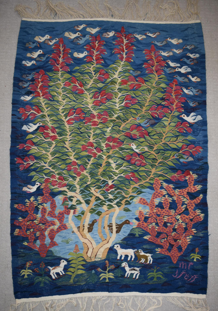 Blossoming Tree and Birds — handwoven Egyptian wool tapestry, 5.3 ft