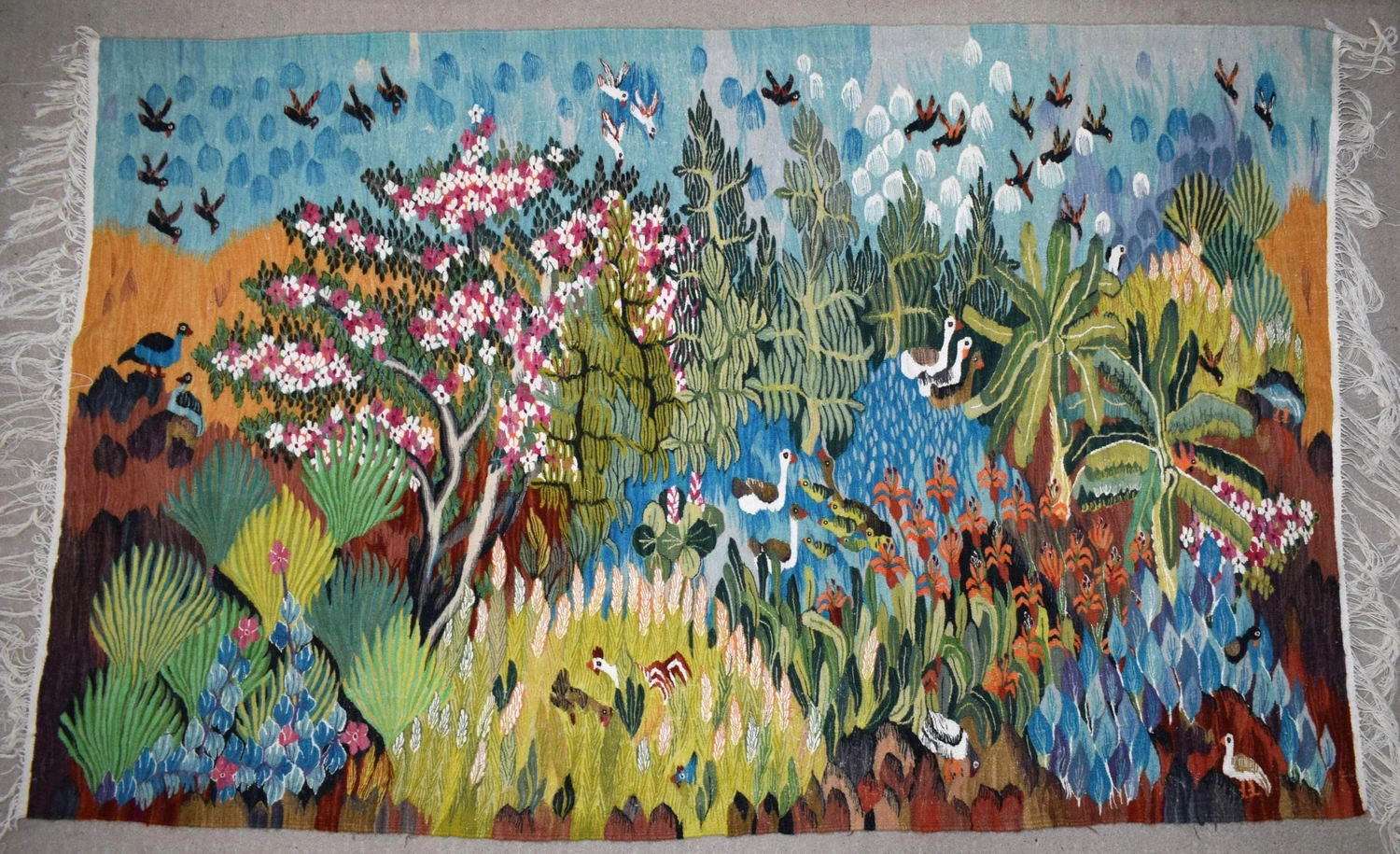 6.3 FT Wall Hanging Handwoven Egyptian Tapestry Kilim Floral River Scene