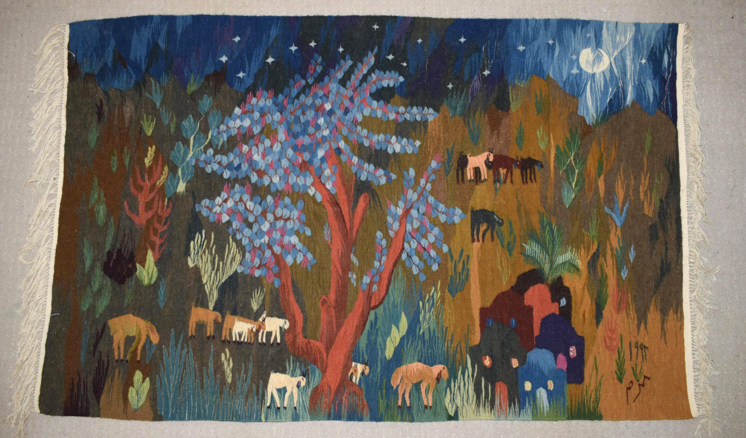 Night Village under the Moon — handwoven Egyptian wool tapestry, 5.2 ft