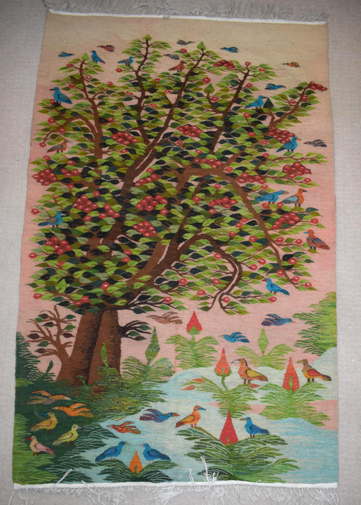 5.8 FT Large Egyptian Folk Art Tapestry - Handwoven Tree of Life Wall Hanging - Colorful Bird Kilim