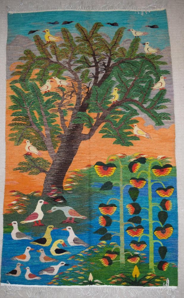 5.8 FT Large Egyptian Folk Art Tapestry - Handwoven Tree & Birds Wall Hanging - Colorful Nature Scene