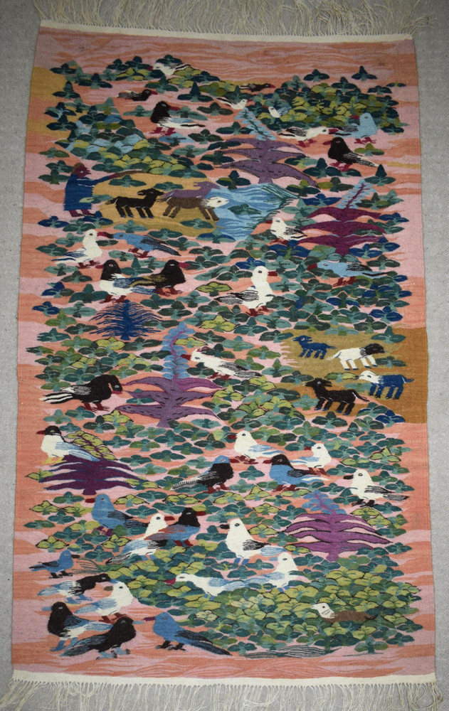 3.9 FT Handwoven Egyptian Kilim Rug Wall Hanging Tapestry Birds Animals Pink