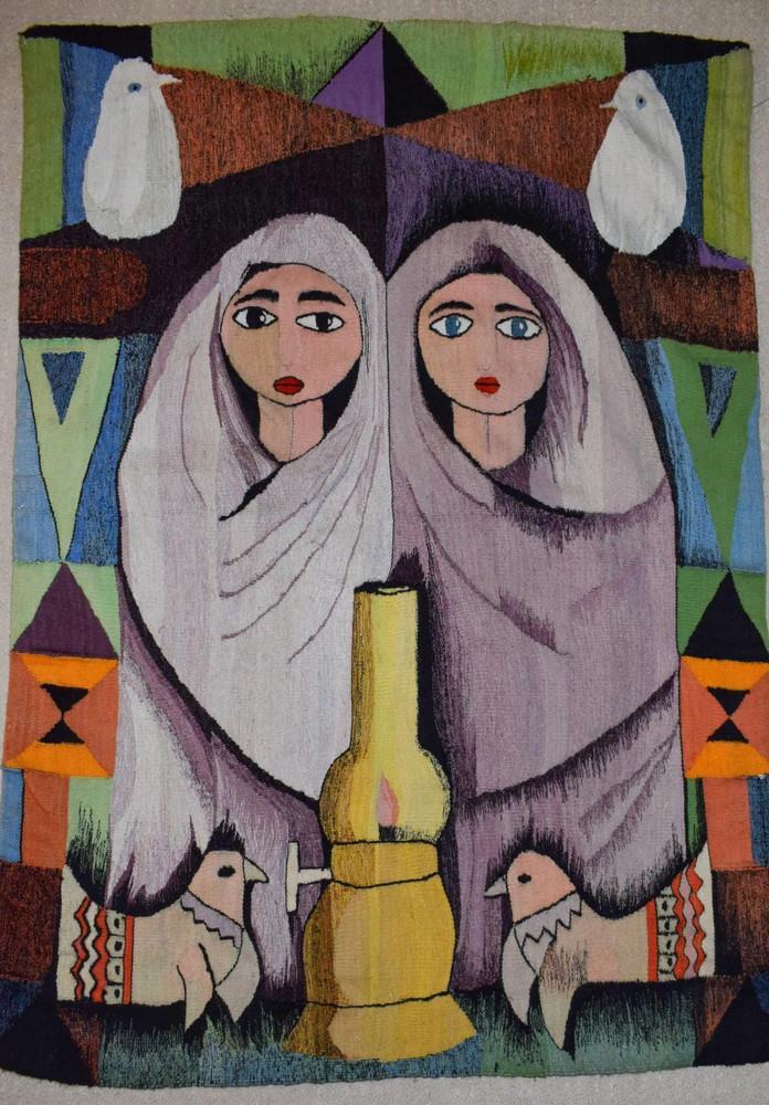 Veiled Women with Doves — handwoven Egyptian wool tapestry, 4.2 ft