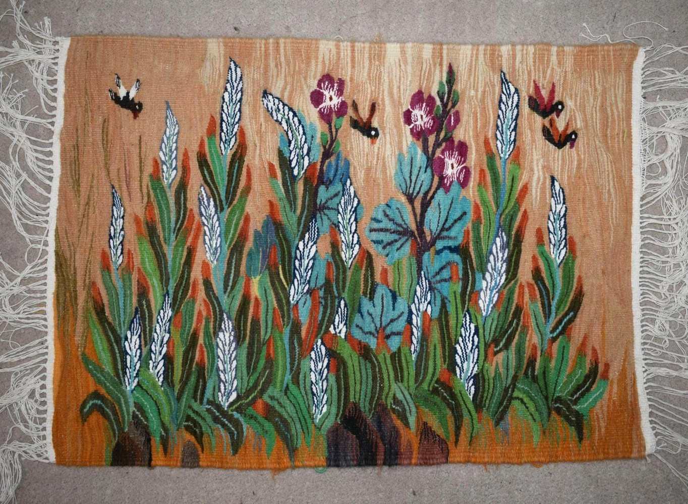 Wheat Field and Wildflowers — handwoven Egyptian wool tapestry, 29"