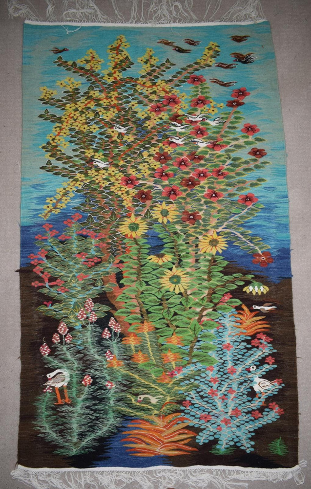 Tall Flower Garden with Birds — handwoven Egyptian wool tapestry, 6.1 ft