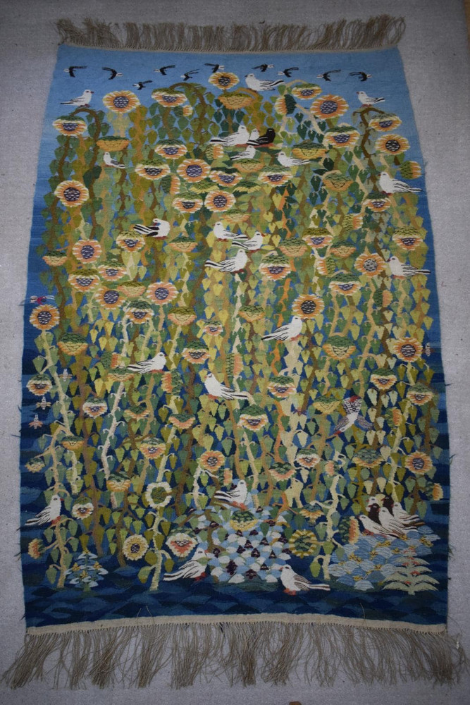 Sunflower Field with Doves — handwoven Egyptian wool tapestry, 6 ft