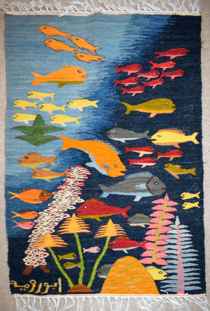 32x22" Handwoven Egyptian Wool Tapestry, Fish Coral Reef Wall Hanging, Signed Original Folk Art