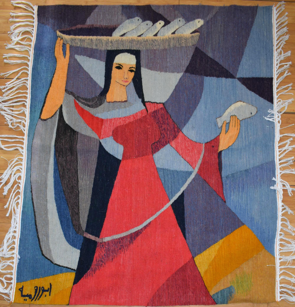 Fisherwoman — handwoven Egyptian wool tapestry, 3.9 ft