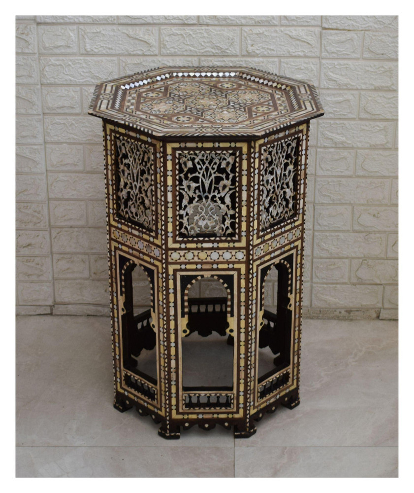 Syrian Mother of Pearl Side Table, Tree Fretwork Top, 28 in