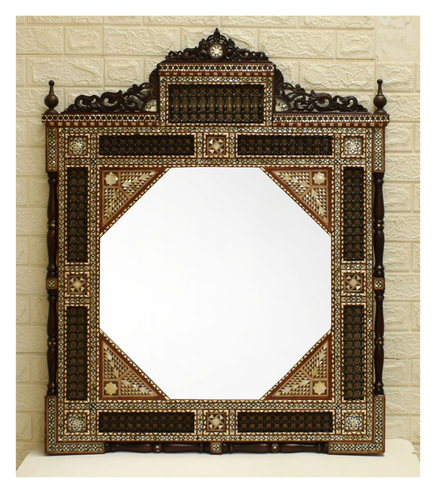 Syrian Mother of Pearl Mirror 46×35″ Mashrabiya Crest