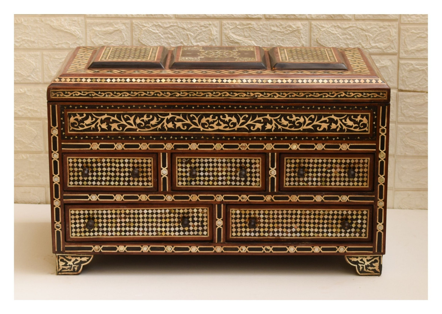 Moroccan Mother of Pearl Chest of Drawers, Three-Panel Lid, 25 in