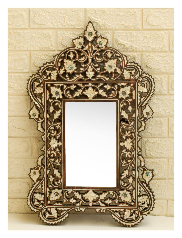 Syrian Mother of Pearl Mirror, Carved Finial Crest, 28 in