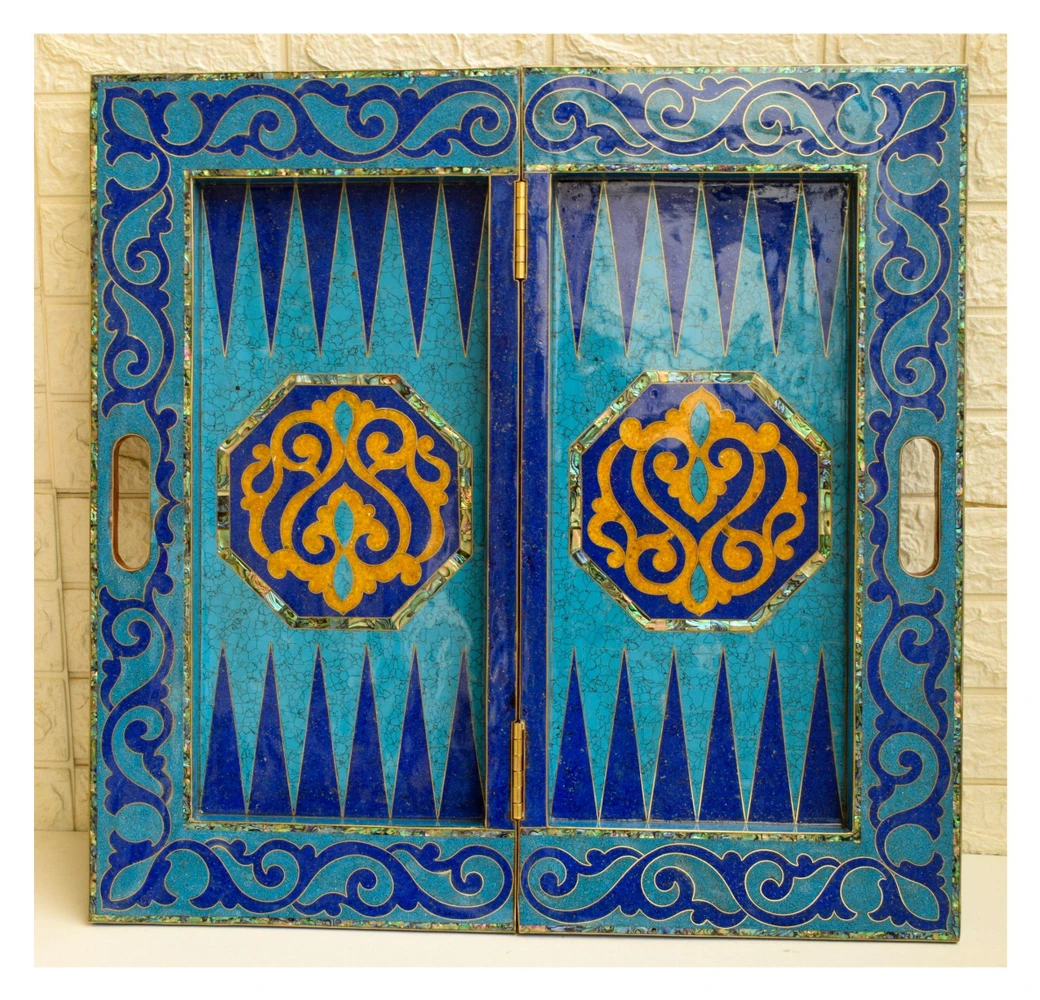Backgammon Board in Mother of Pearl, Lapis, Turquoise and Amber, 25 in