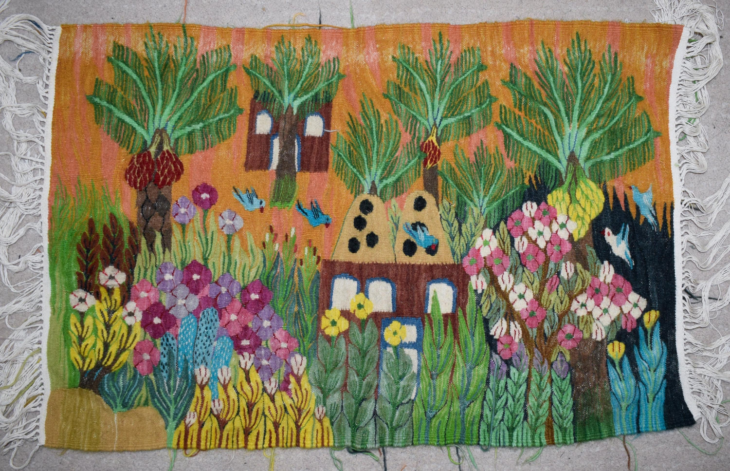 32" Palm Garden and Dovecote Handwoven Tapestry, Egyptian Wool Wall Hanging, Natural Dye Folk Art