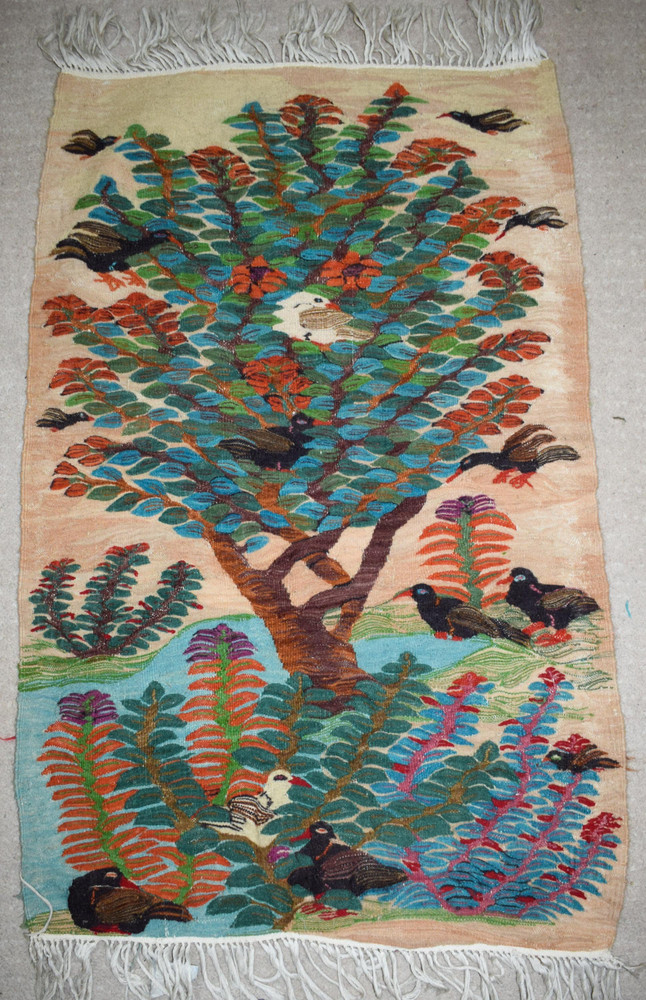 3.3 FT Spreading Tree of Birds Handwoven Tapestry, Egyptian Wool Wall Hanging, Natural Dye Folk Art