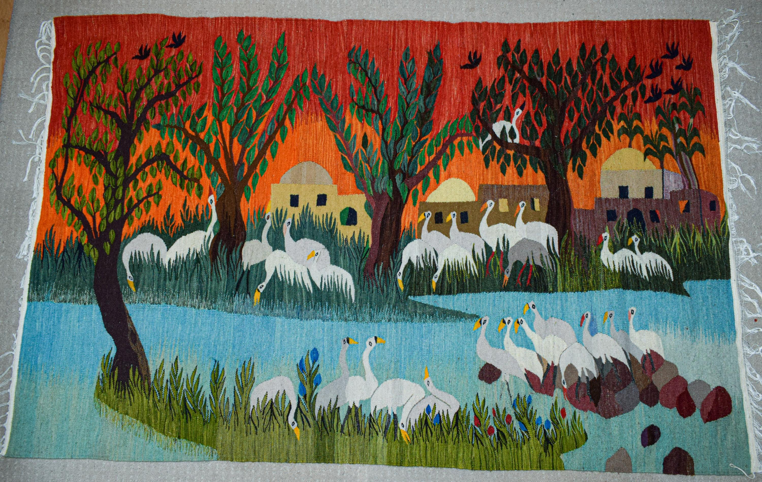 Sunset Village and Cranes — handwoven Egyptian wool tapestry, 6.4 ft