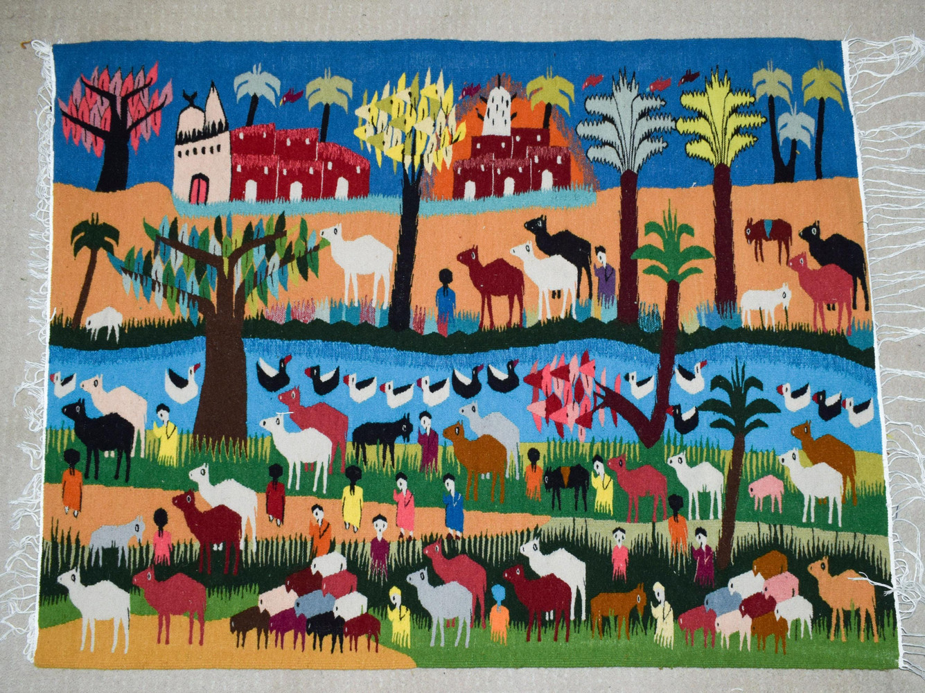 Old Village and Camels — handwoven Egyptian wool tapestry, 4.8 ft