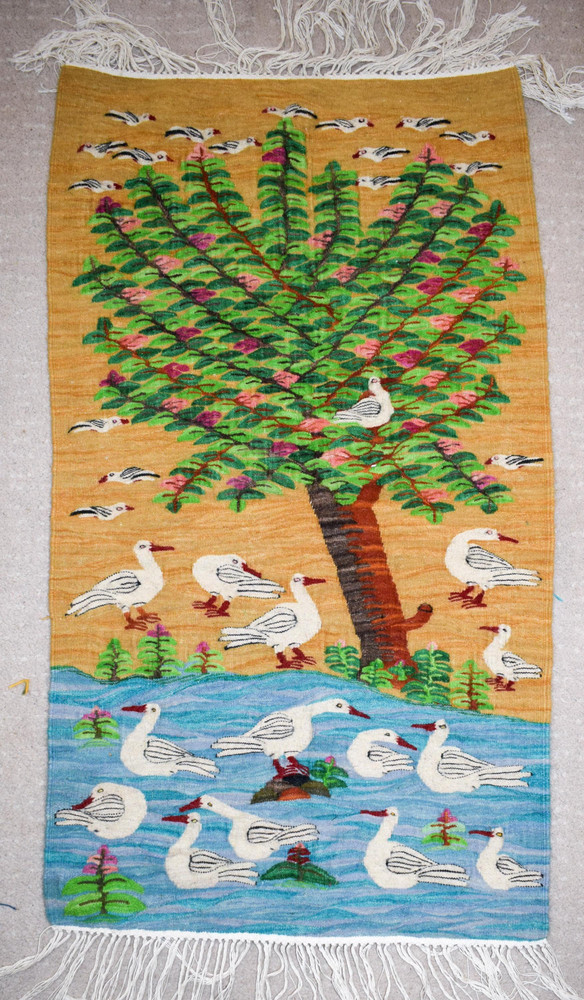 3.1 FT Tree and White Ducks Handwoven Tapestry, Egyptian Wool Wall Hanging, Natural Dye Folk Art