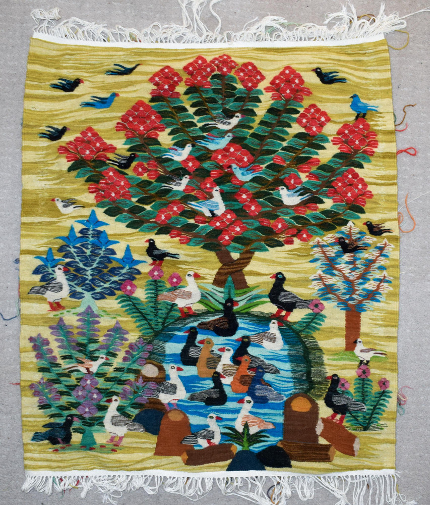 Blossom Tree and Duck Pond — handwoven Egyptian wool tapestry, 3.3 ft