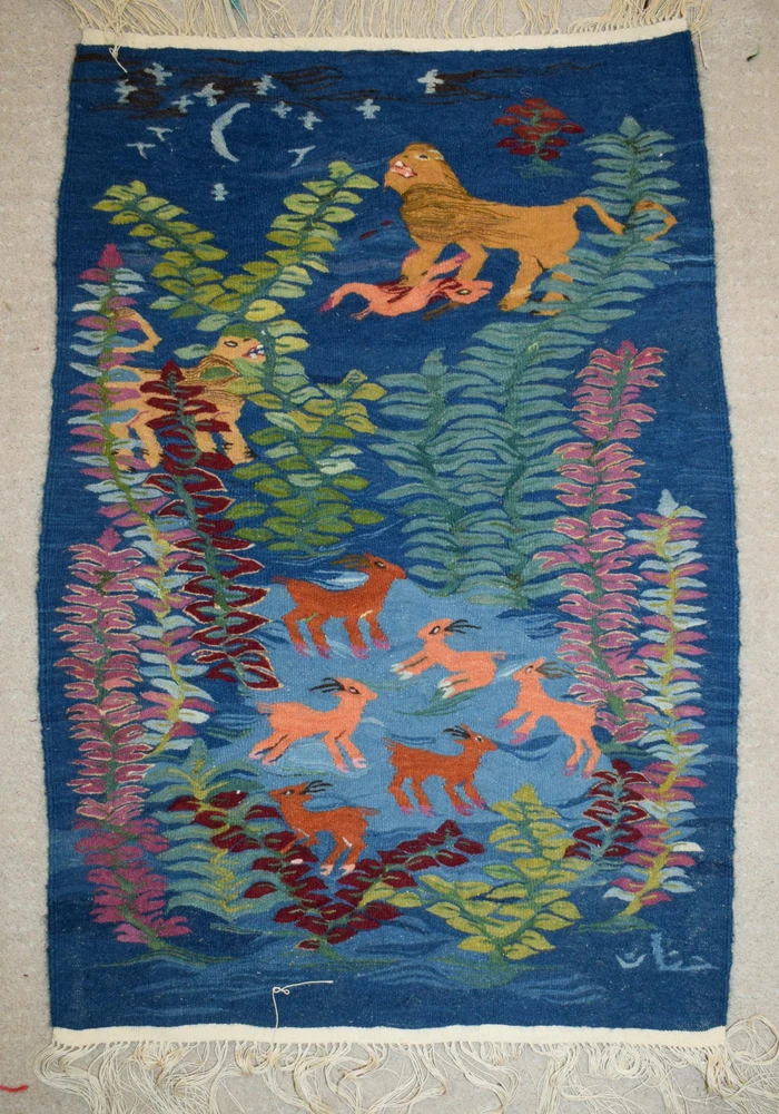 Lion, Gazelles and Moon — handwoven Egyptian wool tapestry, 3.1 ft