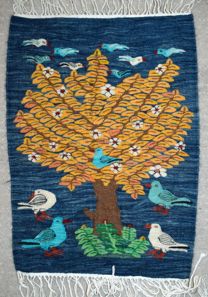 24" Golden Tree of Doves Handwoven Tapestry, Indigo Egyptian Wool Wall Hanging, Natural Dye