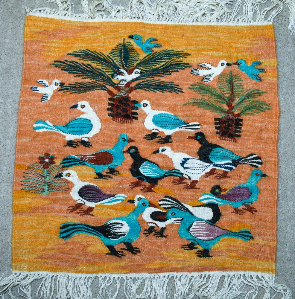 Doves and Date Palms — handwoven Egyptian wool tapestry, 17"