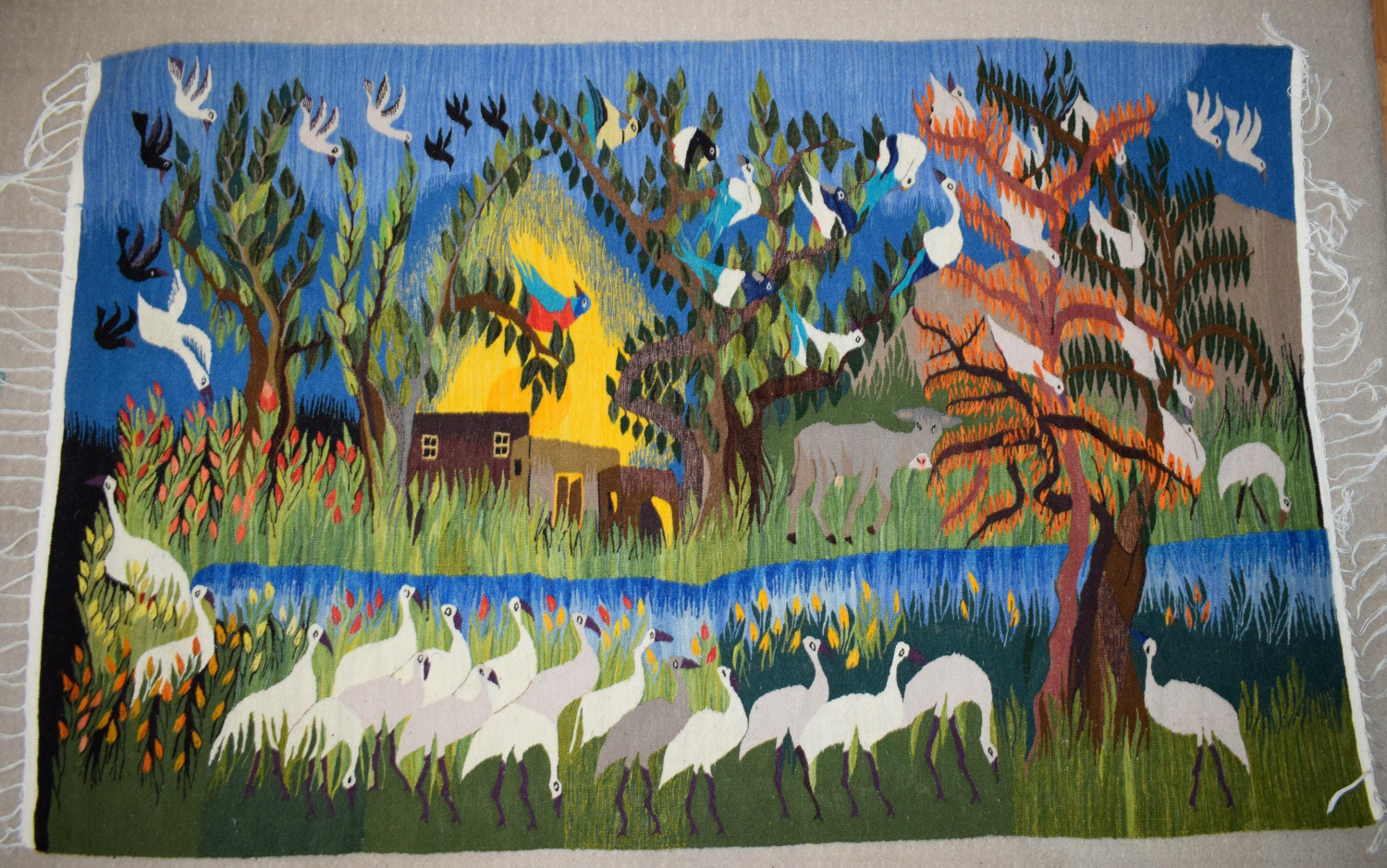 6.4 FT White Ibis by the River Handwoven Tapestry, Large Egyptian Wool Wall Hanging, Signed Folk Art