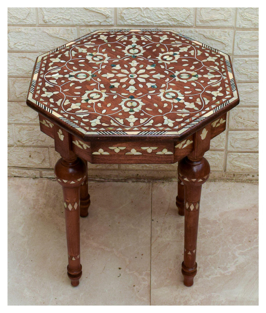 Syrian Moroccan Inlay Table, Mother of Pearl & Abalone, Handmade Octagonal Side Table 20" Height