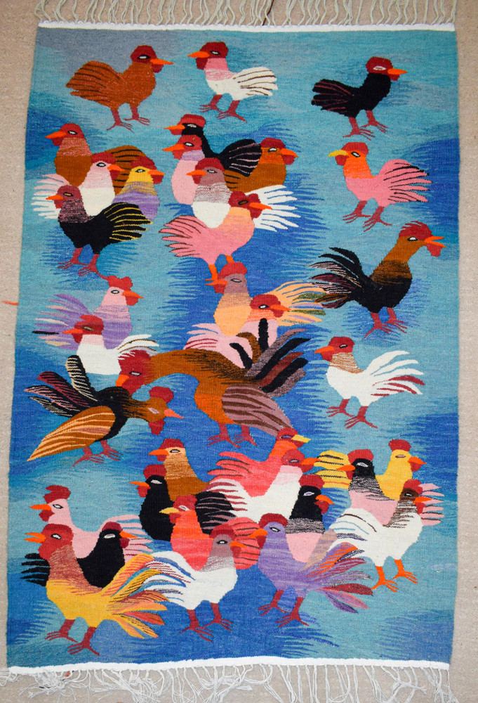 Roosters, Hens and Chicks — handwoven Egyptian wool tapestry, 4.4 ft