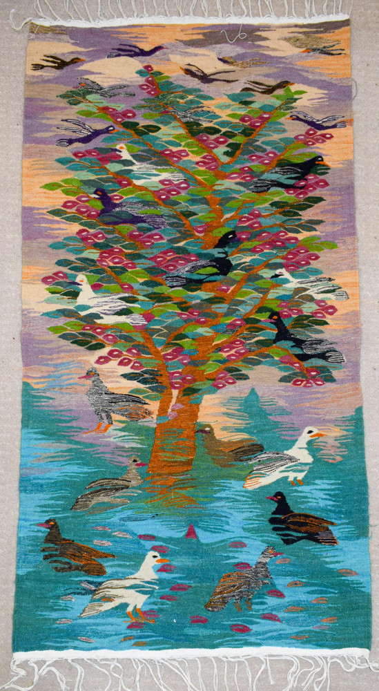 Tree of Life with Guinea Fowl — handwoven Egyptian wool tapestry, 4.5 ft