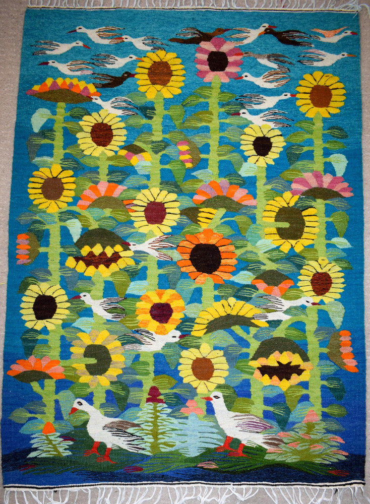Egyptian Handwoven Wool Tapestry Sunflowers and Birds Turquoise Folk Art Wall Hanging 57 x 41 in