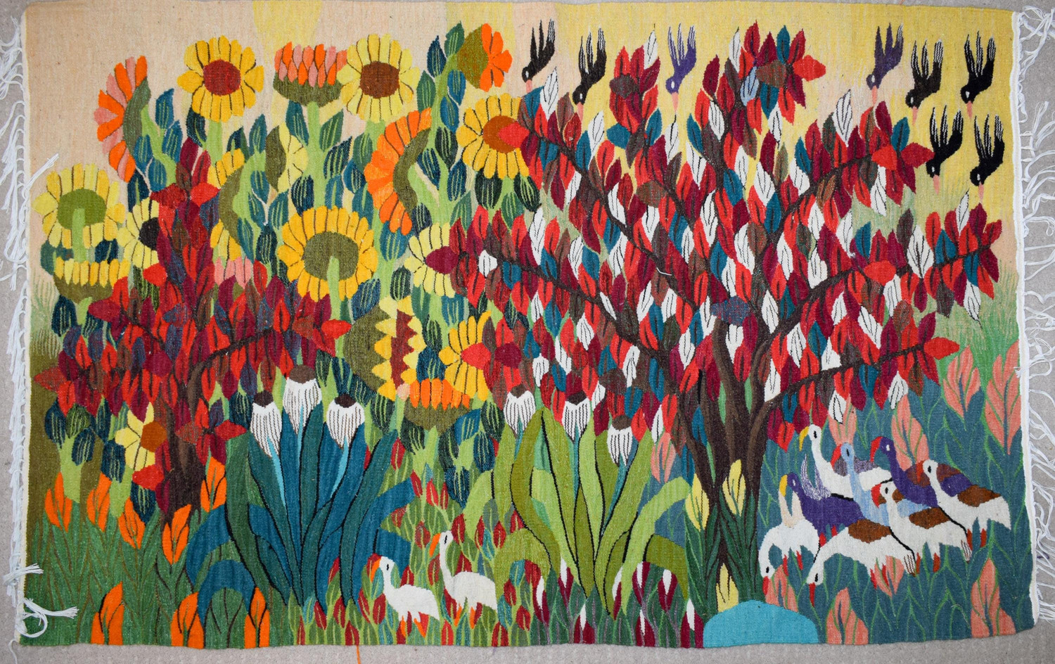Egyptian Handwoven Wool Tapestry Flowering Trees Egrets Sunflowers Wall Hanging 63 x 41 in