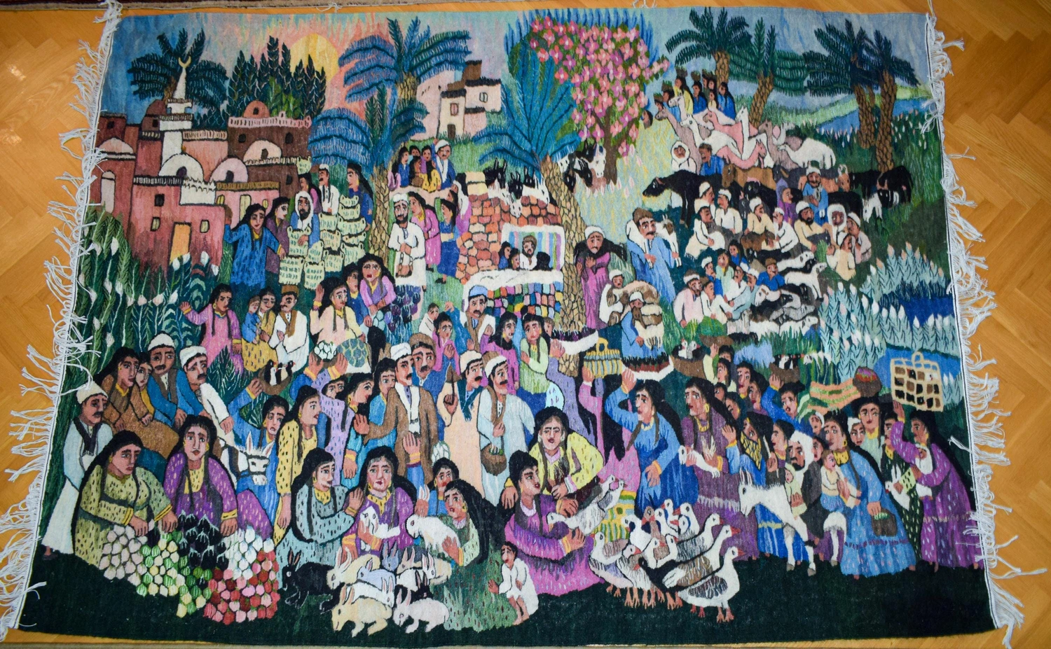 Village Market Day with 130+ Figures — handwoven Egyptian wool tapestry, 7.5 ft