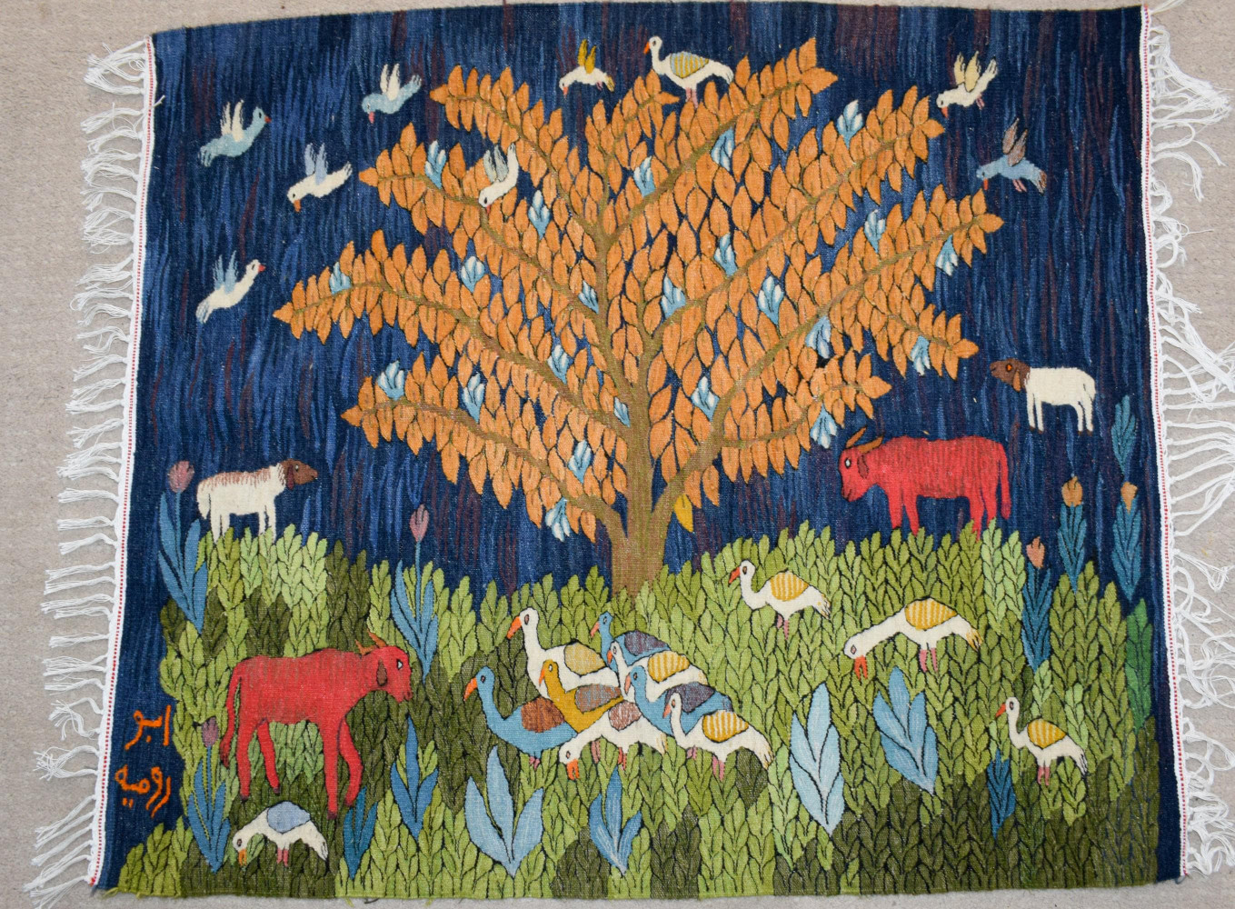 Night Garden with Cattle and Storks — Handwoven Egyptian Wool Tapestry, 3.9 ft