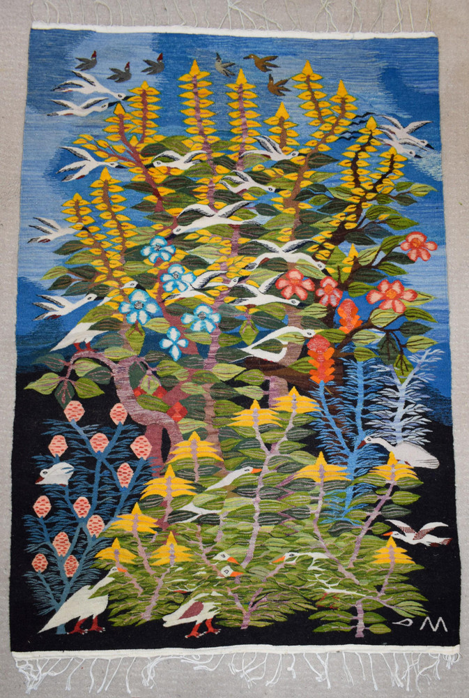 Tall Garden with Flying Birds — Handwoven Egyptian Wool Tapestry, 6.2 ft