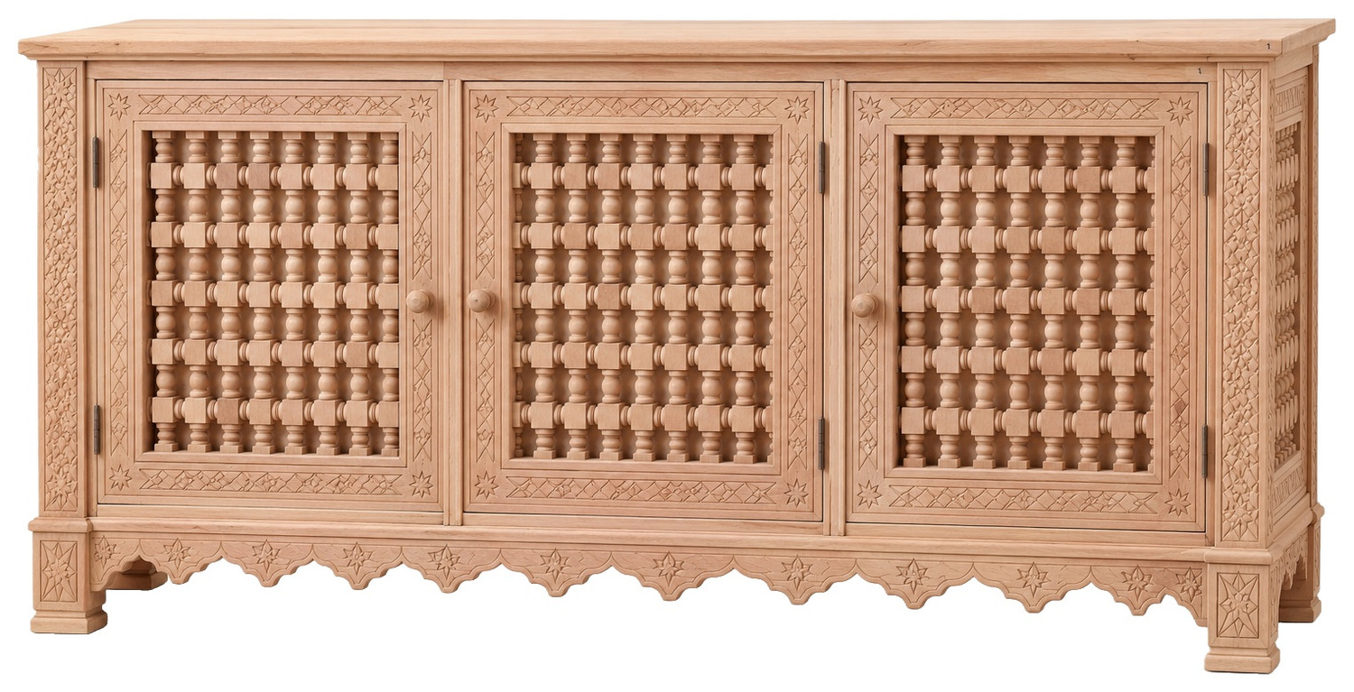 Three-door mashrabiya sideboard in raw beech with turned-spindle lattice
