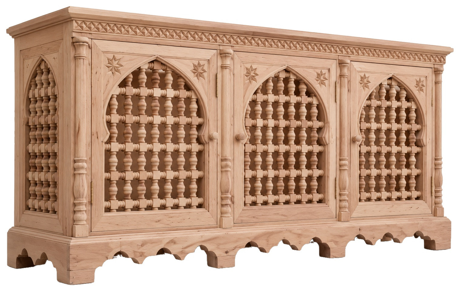 Horseshoe-arch mashrabiya media console in raw beech with turned pilasters
