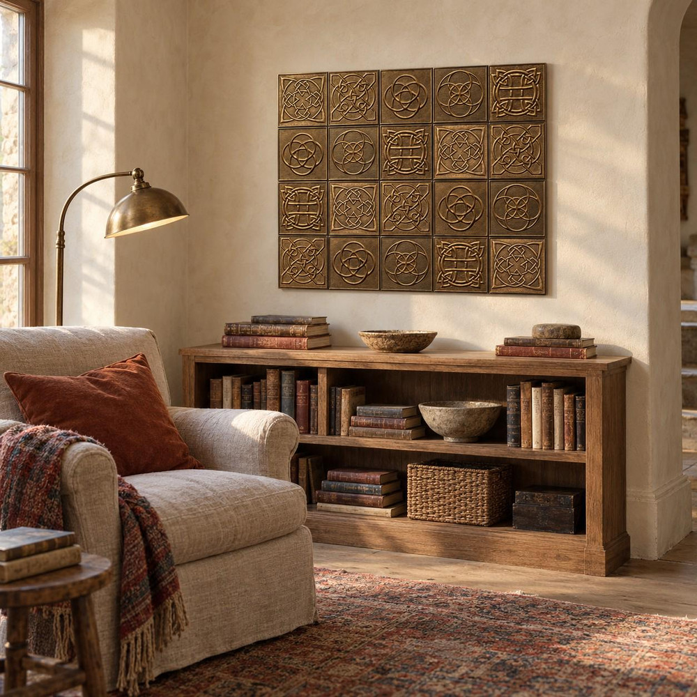Celtic Circle Knots tiles in hand-embossed brass, as a wall panel above a low bookshelf in a reading corner
