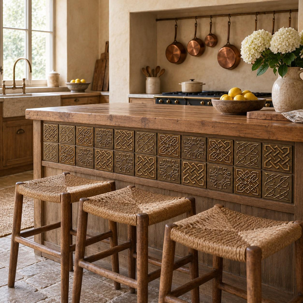 Celtic Square Weaves tiles in hand-embossed brass, set into the front panel of a kitchen island with rush stools