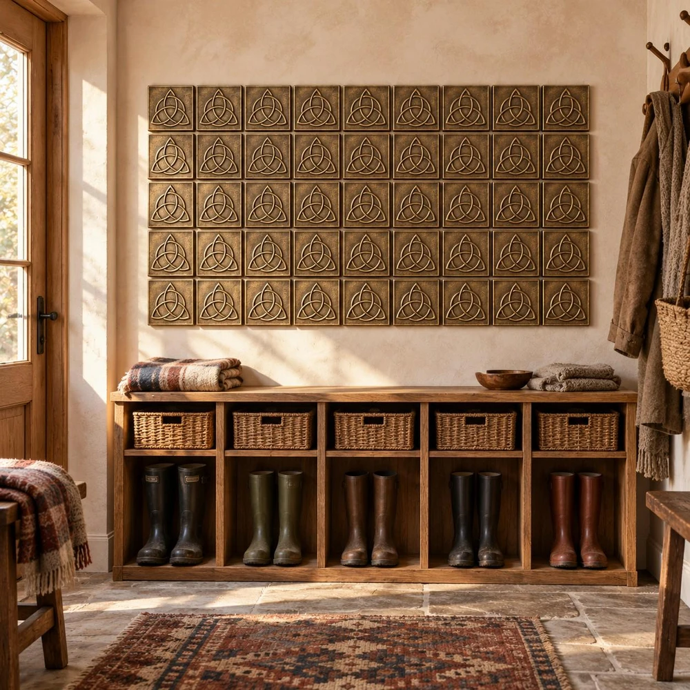 Trinity Knot with Circle Celtic knot tiles in hand-embossed brass, as a wall panel above a boot bench in an entryway mudroom