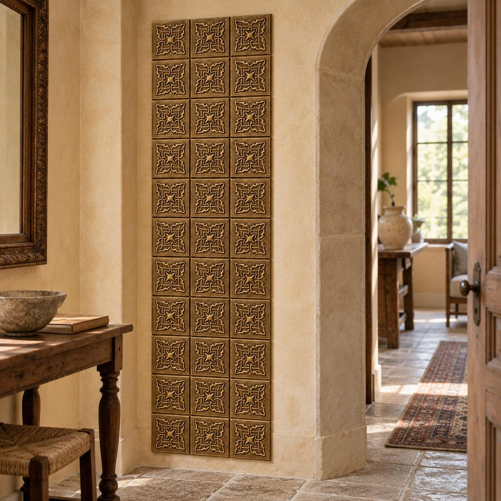 Star Cross Knot Celtic knot tiles in hand-embossed brass, as a tall vertical panel beside an arched doorway in a hallway