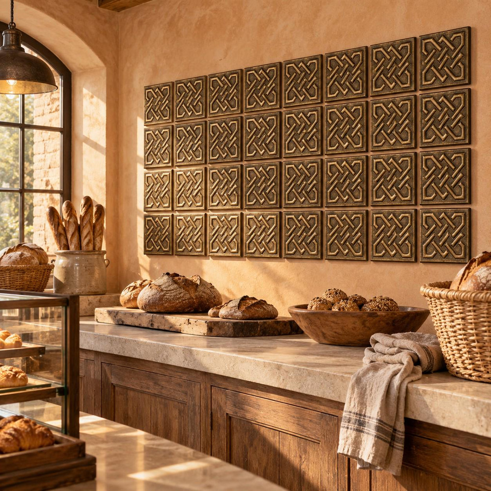 Open Square Weave Knot Celtic knot tiles in hand-embossed brass, as a wall panel above a stone bread counter in a bakery