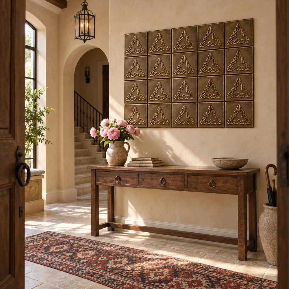 Braided Triangle Knot Celtic knot tiles in hand-embossed brass, as a wall panel above a console table in an entrance hall