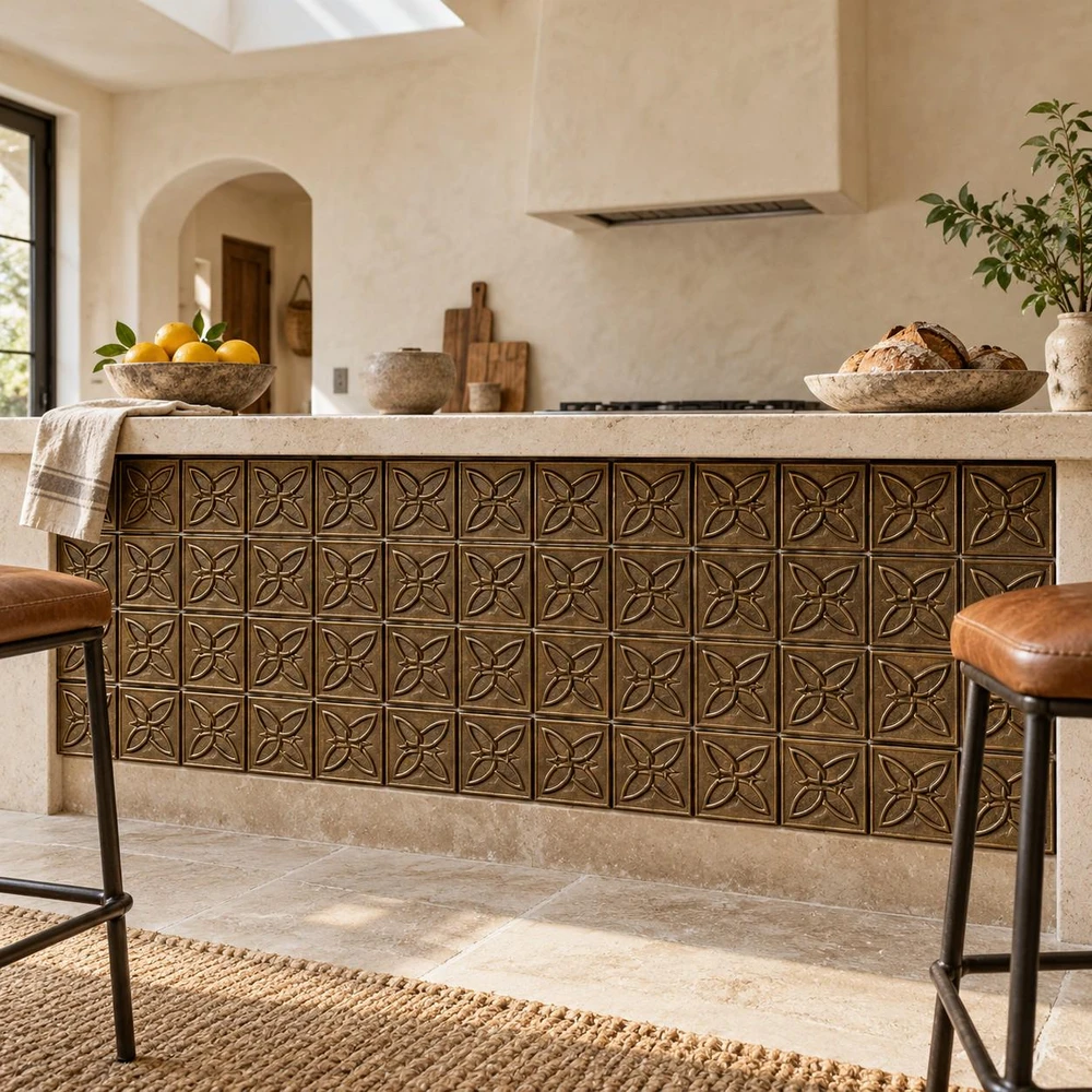Butterfly Knot in hand-embossed brass, covering the front of a stone-topped kitchen island with leather stools