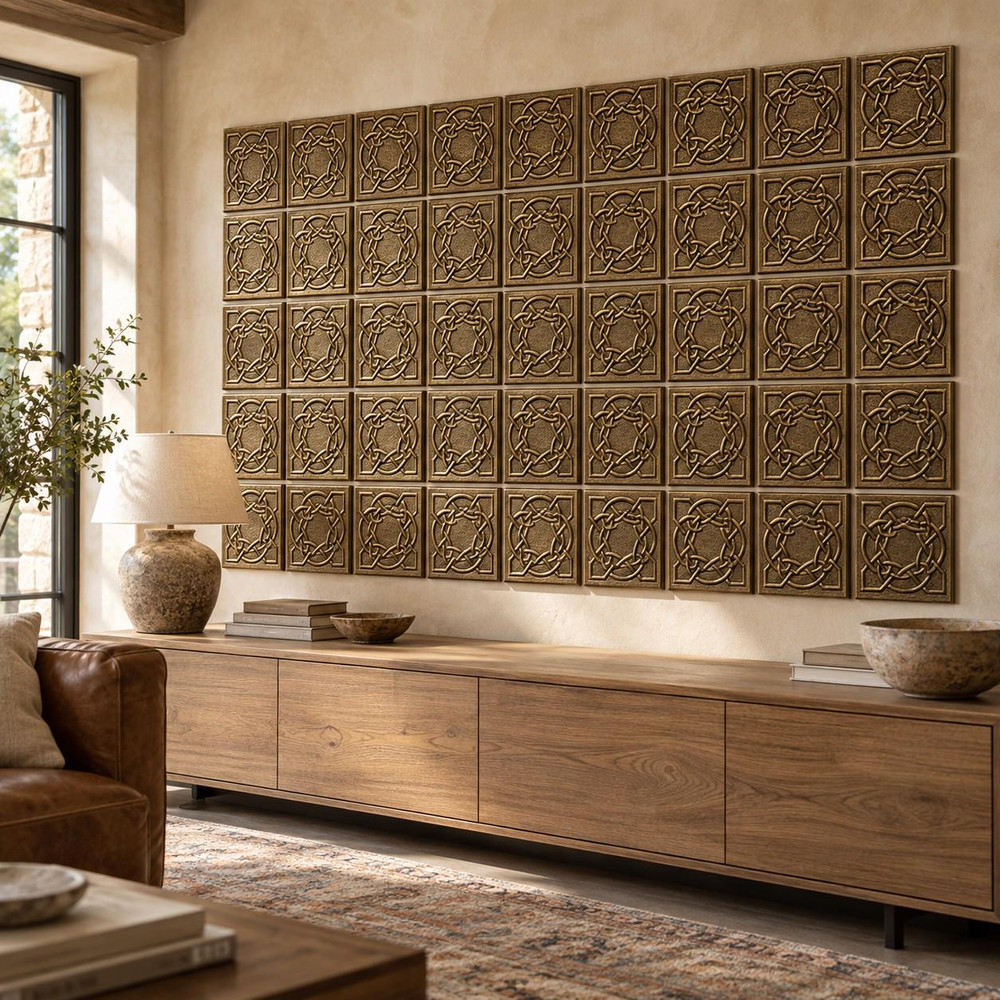 Fine Ring Knot Celtic knot tiles in hand-embossed brass, as a large wall panel above a low media console in a living room